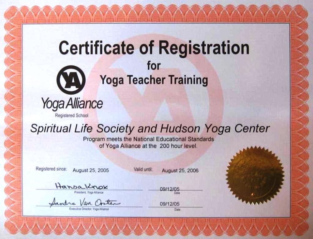 One of our earlier RYS-200 certificates from YogaAlliance for our Teacher Training Program 